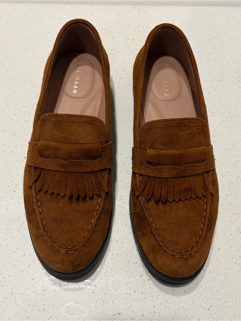 Cole Haan Womens Suede Fringe Penny Loafers - Brown
